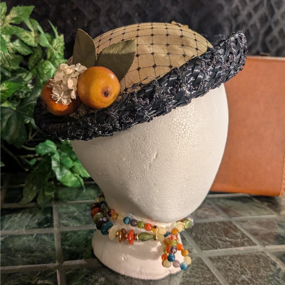 Saks Fifth Avenue Millinery Vintage MCM Beige & Black Straw Bumper Hat w/ Fruit